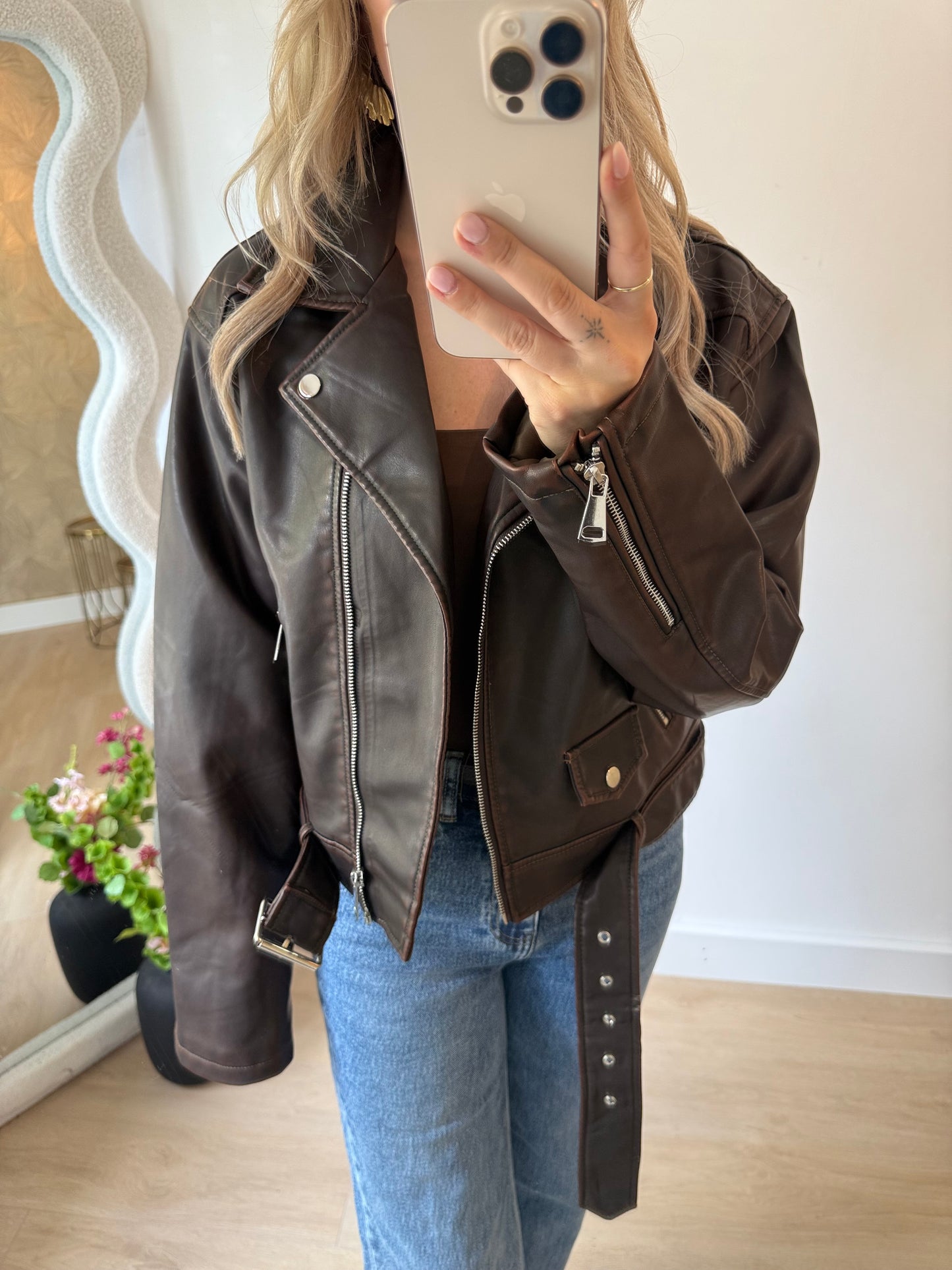 LEATHER LOOK JACKET - BROWN