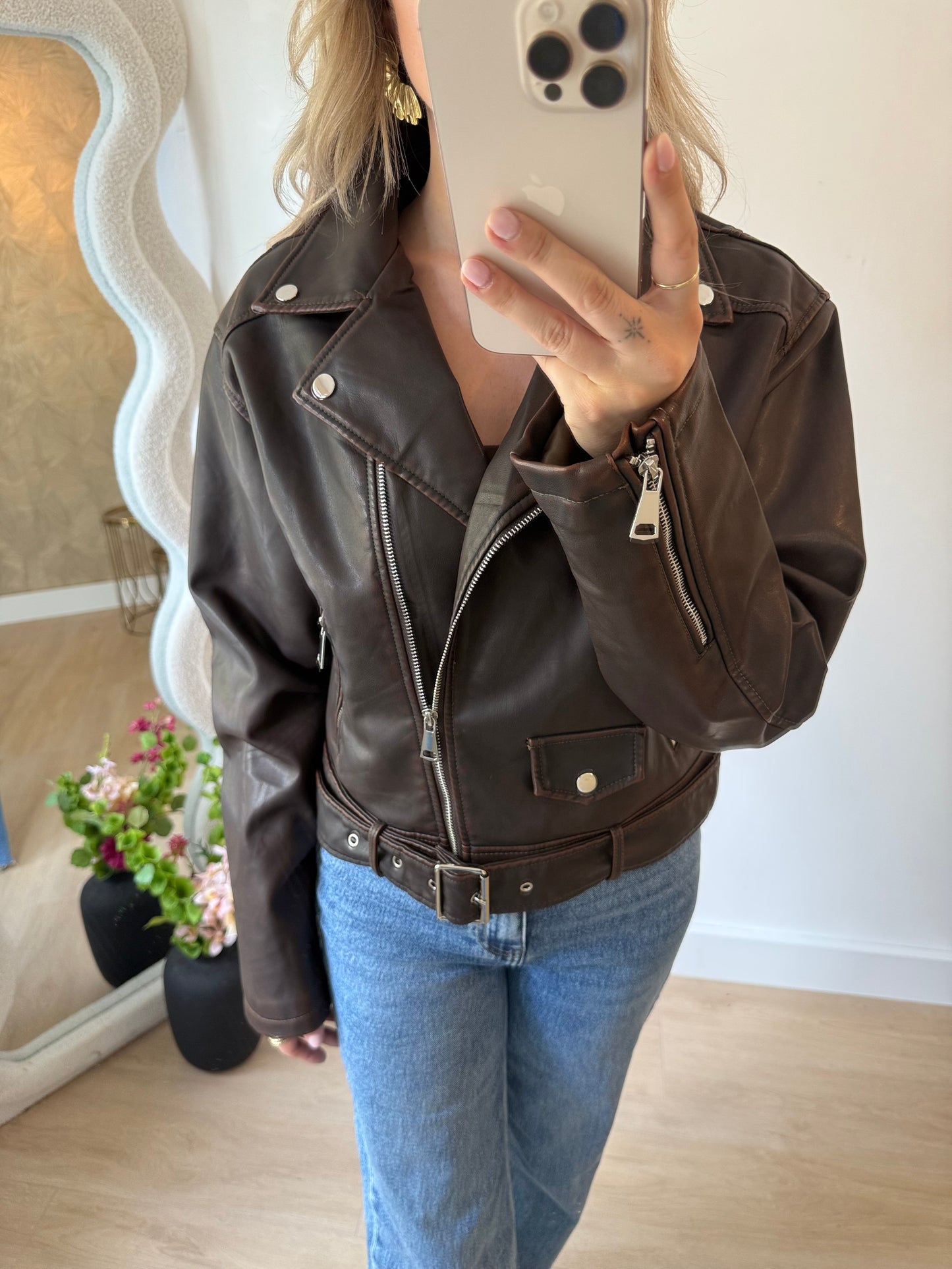 LEATHER LOOK JACKET - BROWN