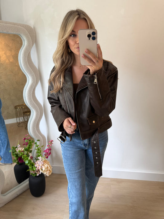 LEATHER LOOK JACKET - BROWN